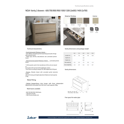 Vanity Noja 40 inches (1000) 2 drawers Caledonia oak