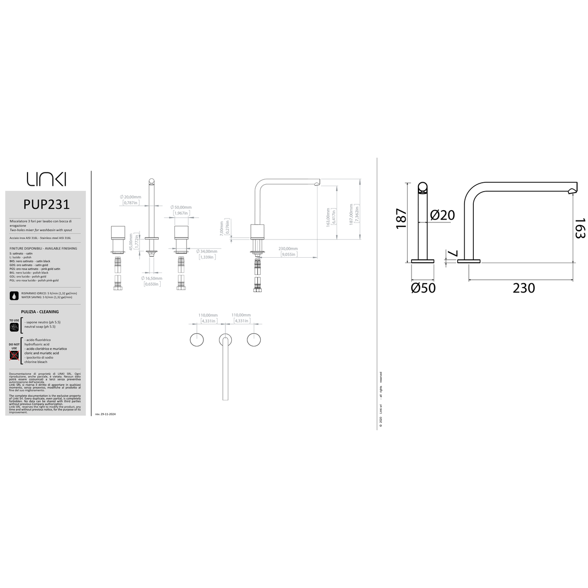 Lavabo faucet 3 holes Puro Up stainless steel PUP231