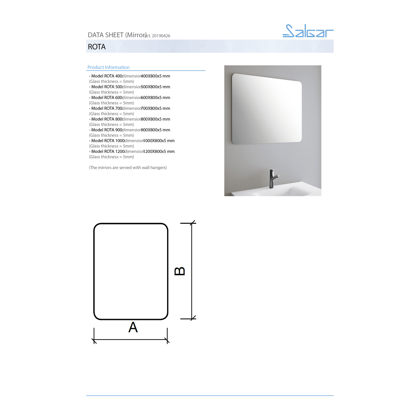 Mirror ROTA rectangular round corners horizontal/vertical installation