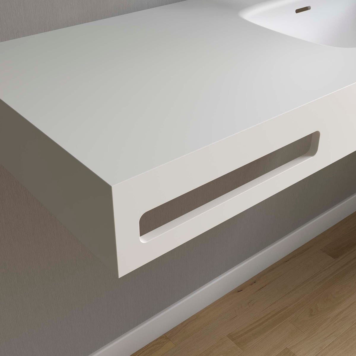 Comptoir avec vasques intégrées NAILA AVEC JUPE BASIN DOUBLE en Solid Surface blanc mat