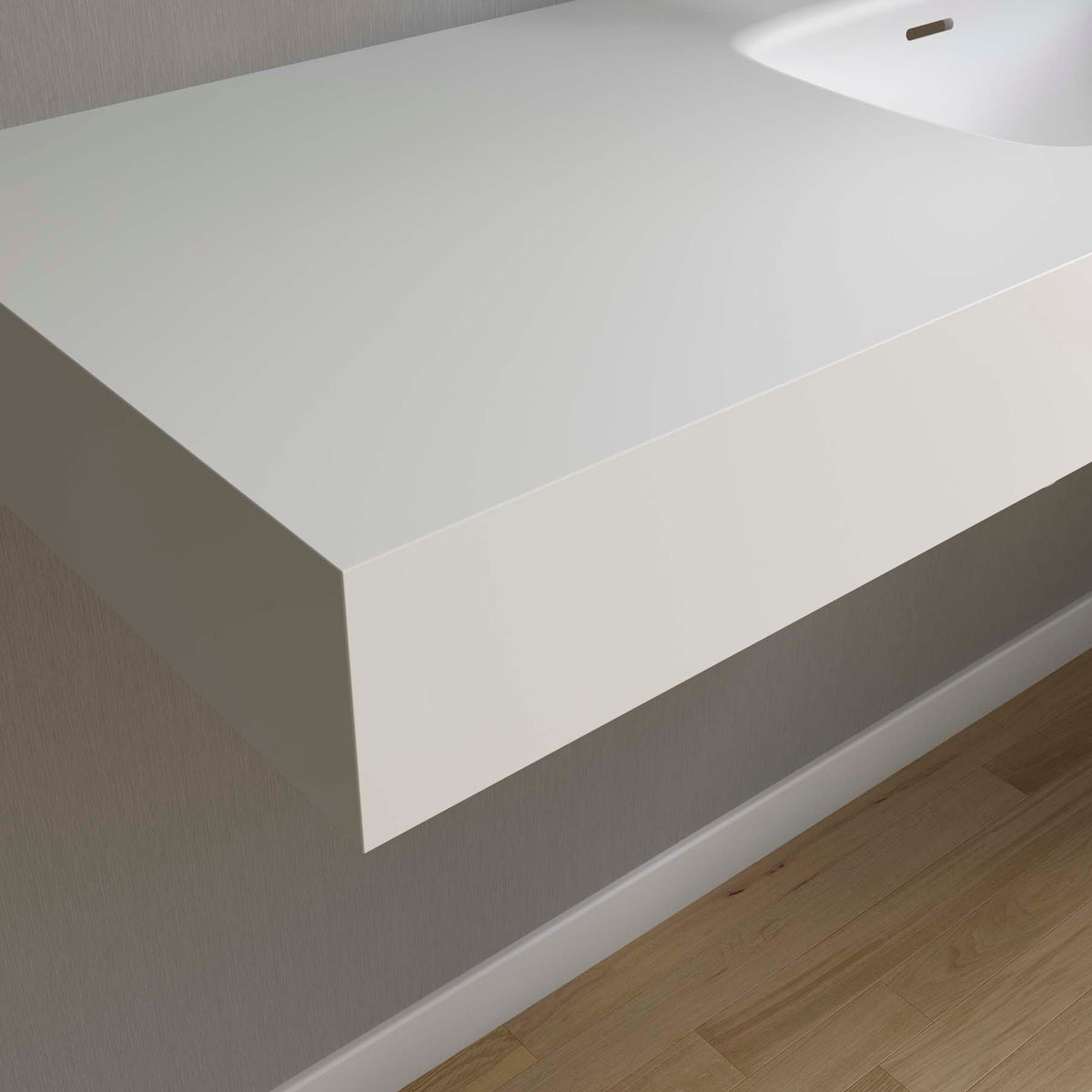 Comptoir avec vasques intégrées NAILA AVEC JUPE BASIN DOUBLE en Solid Surface blanc mat