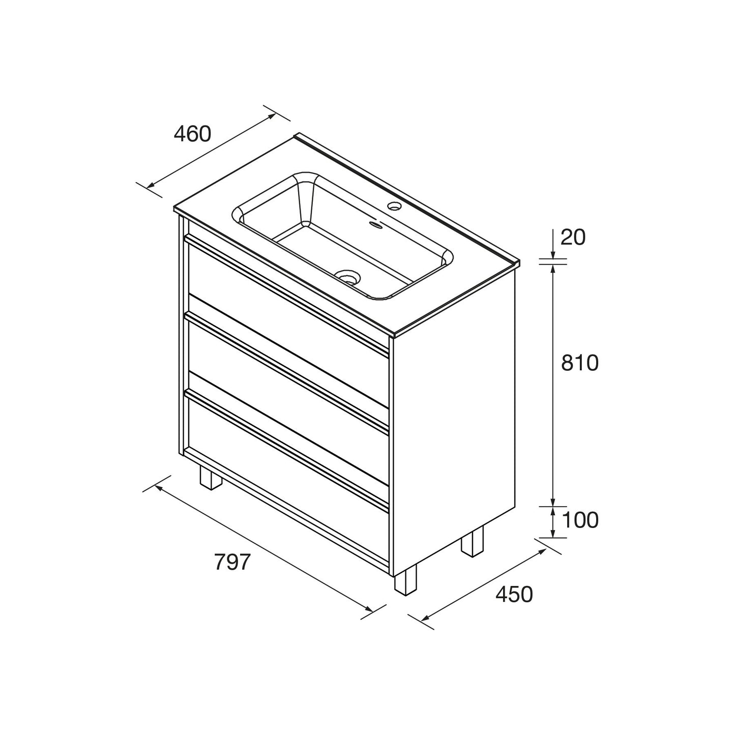 Meuble-lavabo Attila 81 cm (800) 3 tiroirs Blanc mat