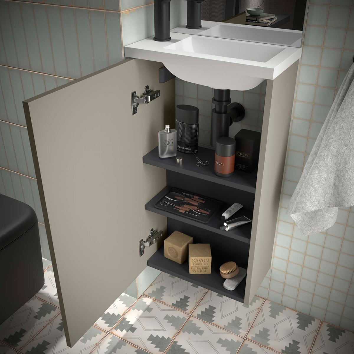 Vanity + top + Mirror Marville 15 inches (390) 1 door Matte Grey