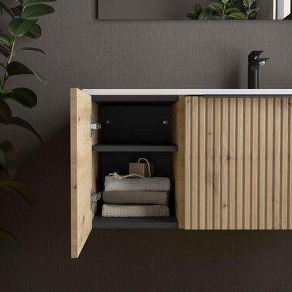 Wall hung storage unit SHORT 12 inches (300) Montana Oak one door reversible for Biba vanity