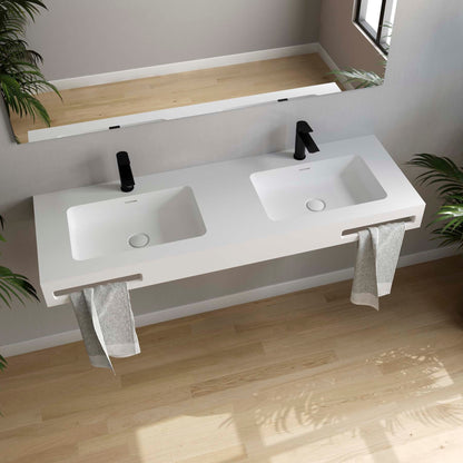 Comptoir avec vasques intégrées NAILA AVEC JUPE BASIN DOUBLE en Solid Surface blanc mat