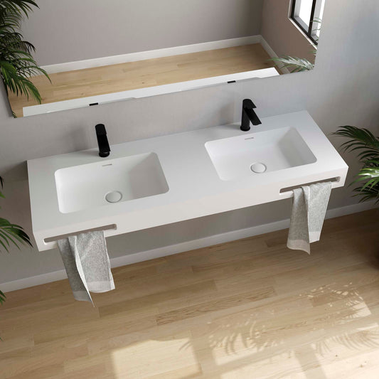 Countertop with integrated washbasins NAILA WITH SKIRTING DOUBLE BASIN solid surface matte white