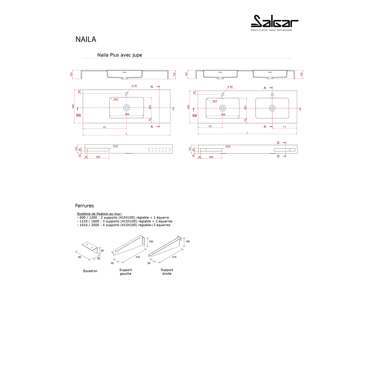 Comptoir avec vasques intégrées NAILA AVEC JUPE BASIN DOUBLE en Solid Surface blanc mat