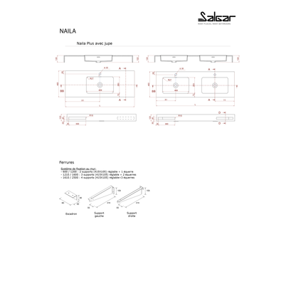 Comptoir avec vasques intégrées NAILA AVEC JUPE BASIN DOUBLE en Solid Surface blanc mat