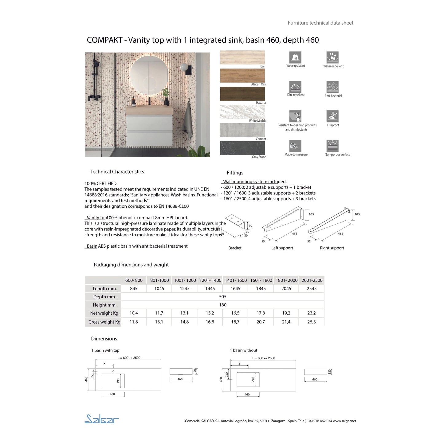 Lavabo integrato Compakt SINGLE Grey Stone