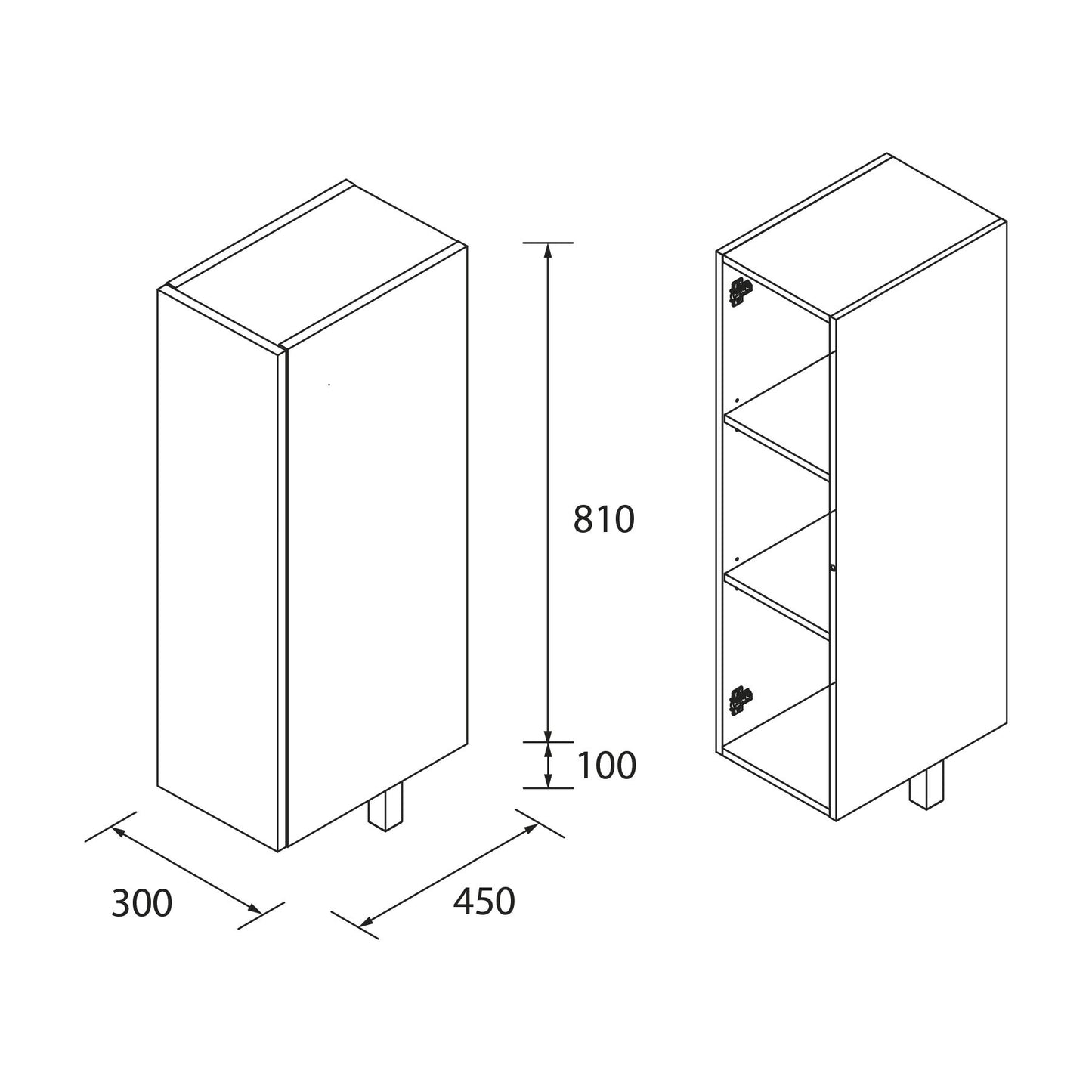 Floor mount storage unit 12 inches (300) one door reversible