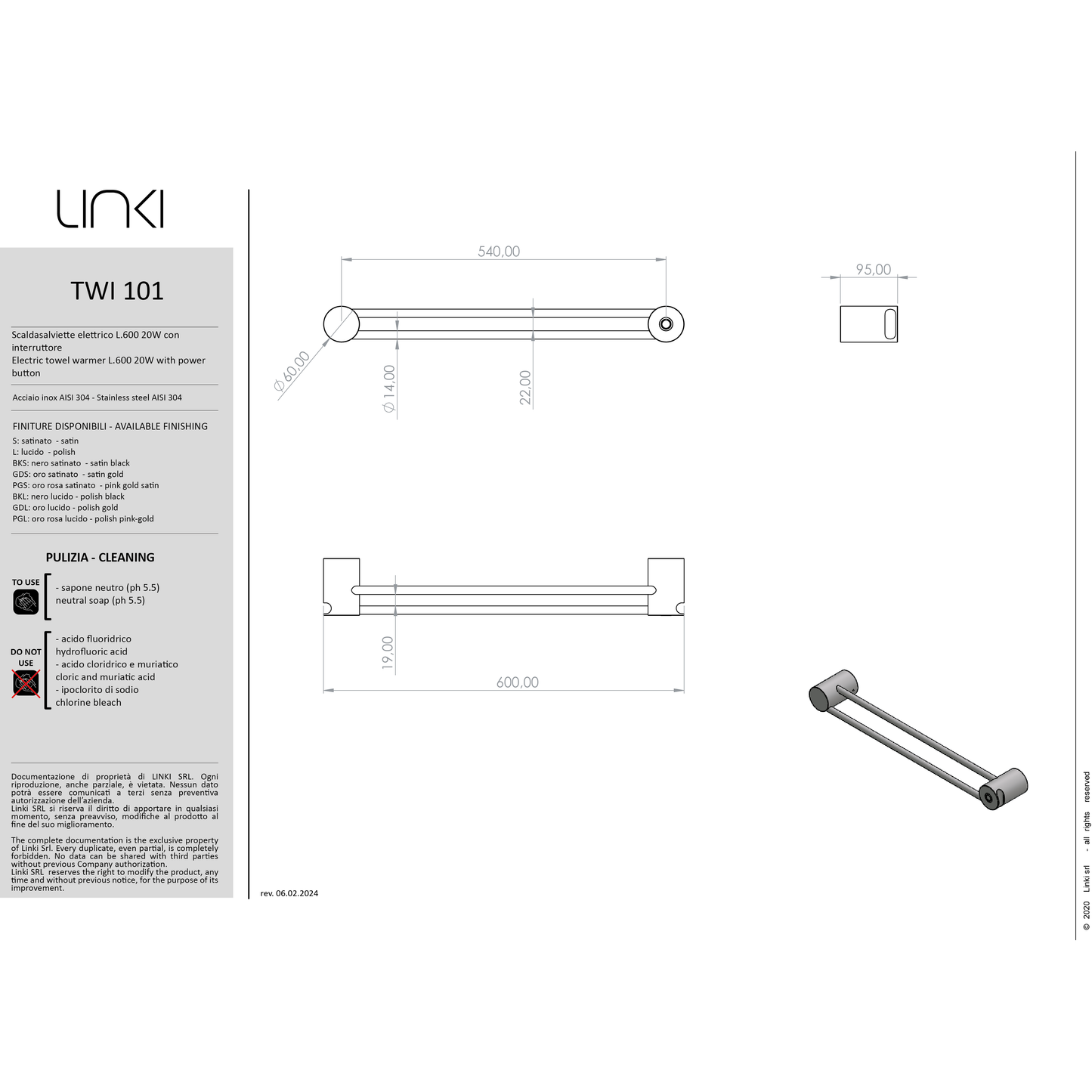 Electric towel warmer L.600 mm with power button TWI101