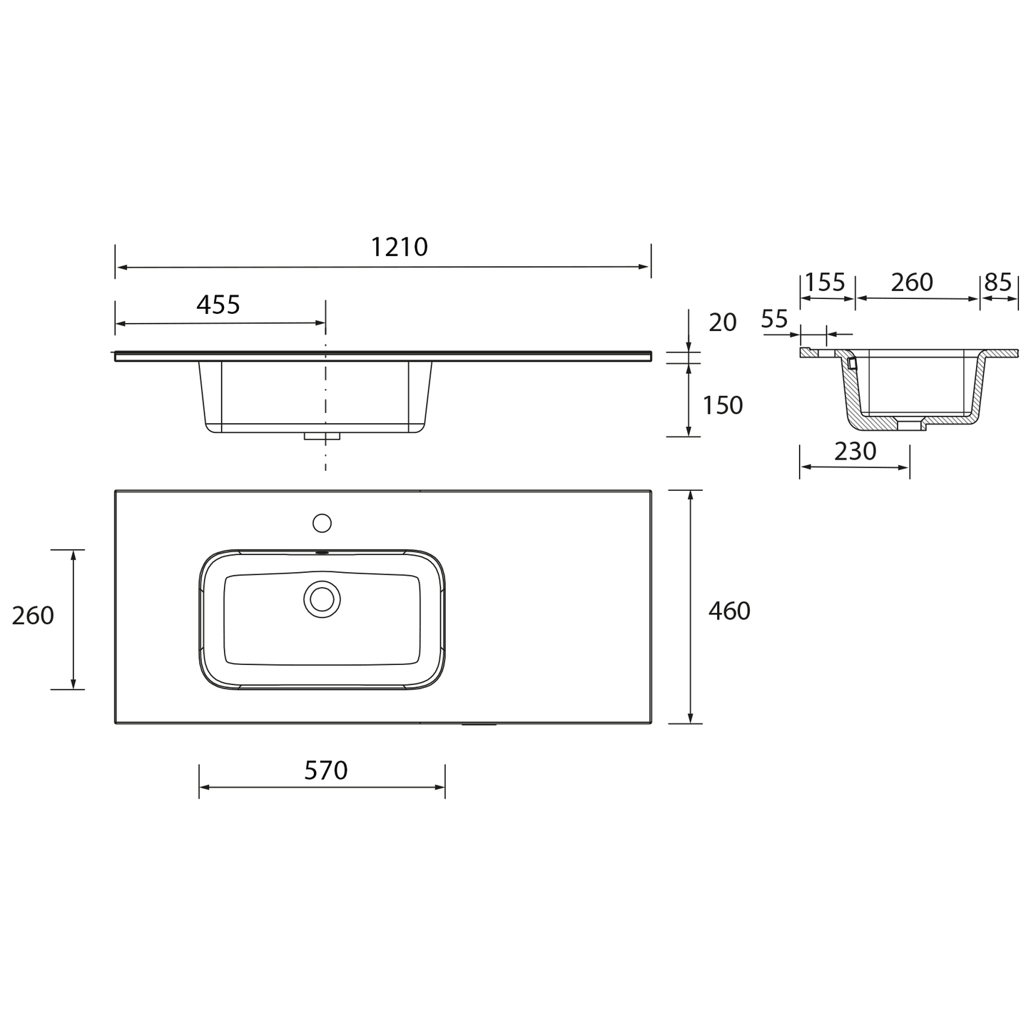 Countertop with integrated OFFSET RIGHT washbasin Porcelain Constanza