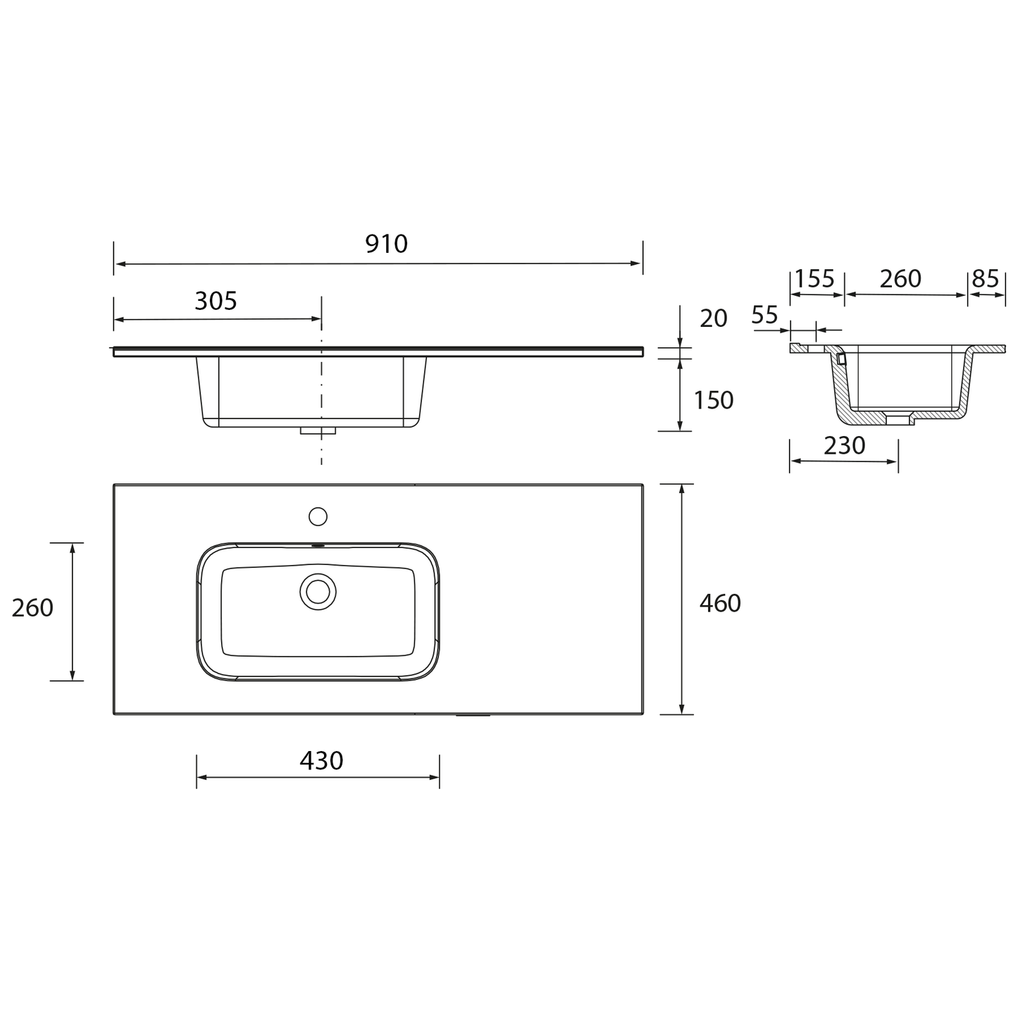 Countertop with integrated OFFSET RIGHT washbasin Porcelain Constanza