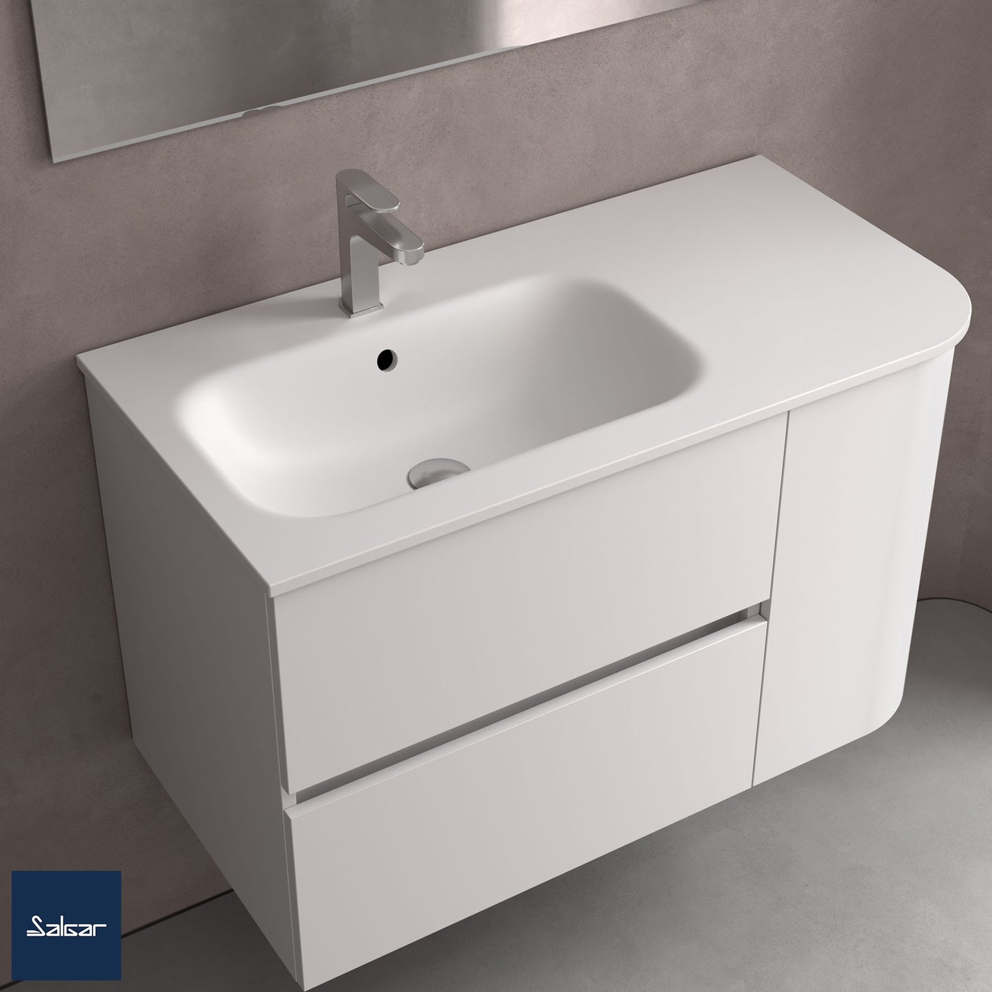 Piano d'appoggio con lavabo integrato ALLIANCE OFFSET un lato rotondo in solid surface bianco opaco