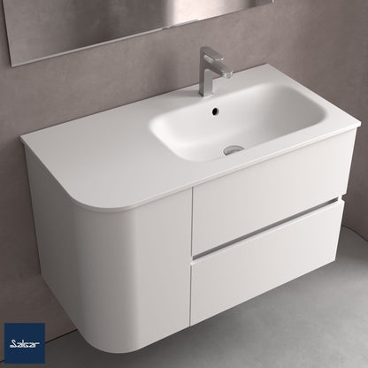 Piano d'appoggio con lavabo integrato ALLIANCE OFFSET un lato rotondo in solid surface bianco opaco