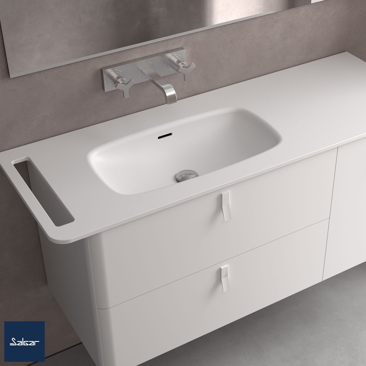 Countertop with integrated washbasin UNIIQ single basin solid surface with towel bar matte white