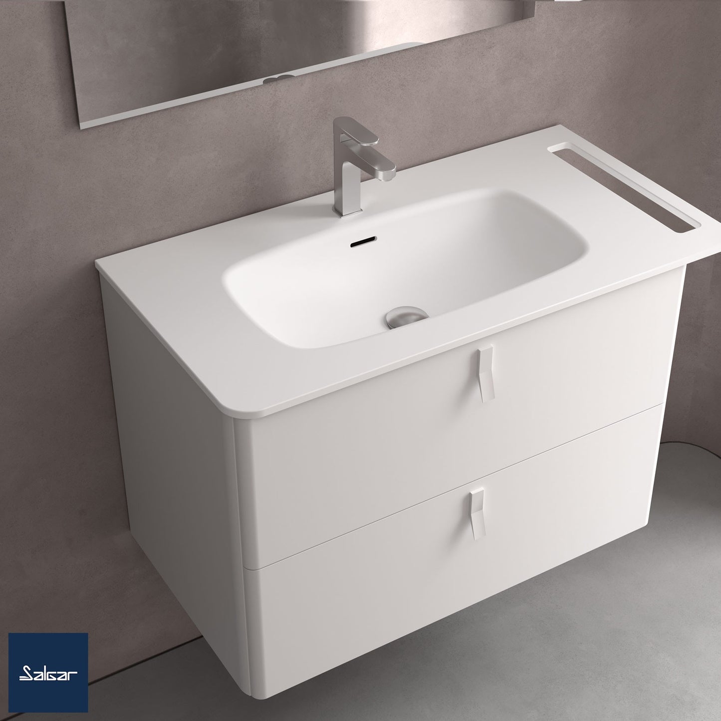 Countertop with integrated washbasin UNIIQ single basin solid surface with towel bar matte white