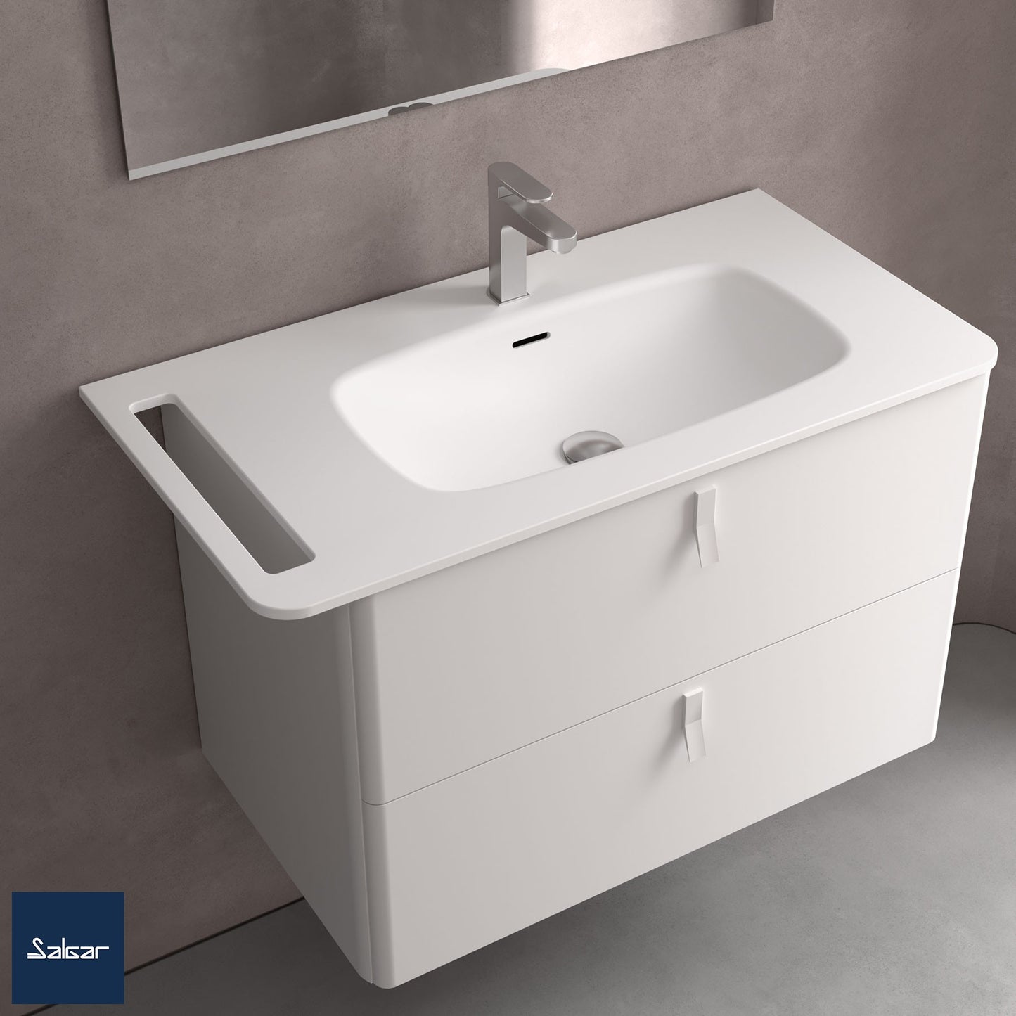 Countertop with integrated washbasin UNIIQ single basin solid surface with towel bar matte white