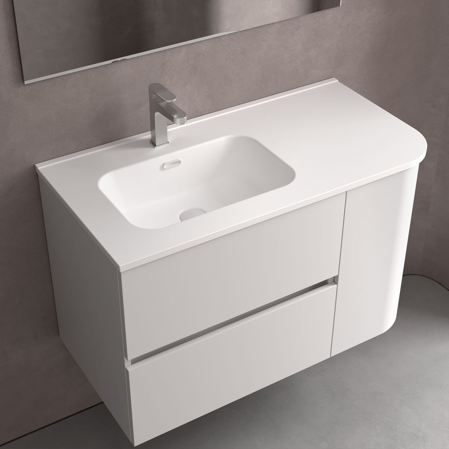 Plan de toilette avec vasque intégrée DÉCALÉE À DROITE en porcelaine Constanza avec angle arrondi