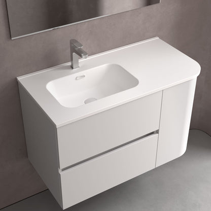 Plan de toilette avec vasque intégrée DÉCALÉE À DROITE en porcelaine Constanza avec angle arrondi