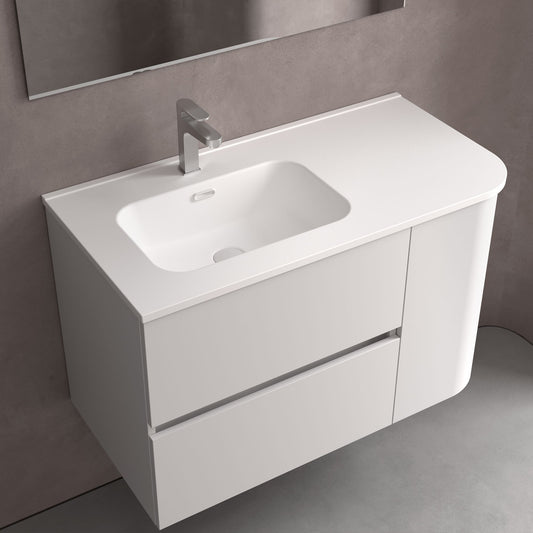 Plan de toilette avec vasque intégrée DÉCALÉE À DROITE en porcelaine Constanza avec angle arrondi