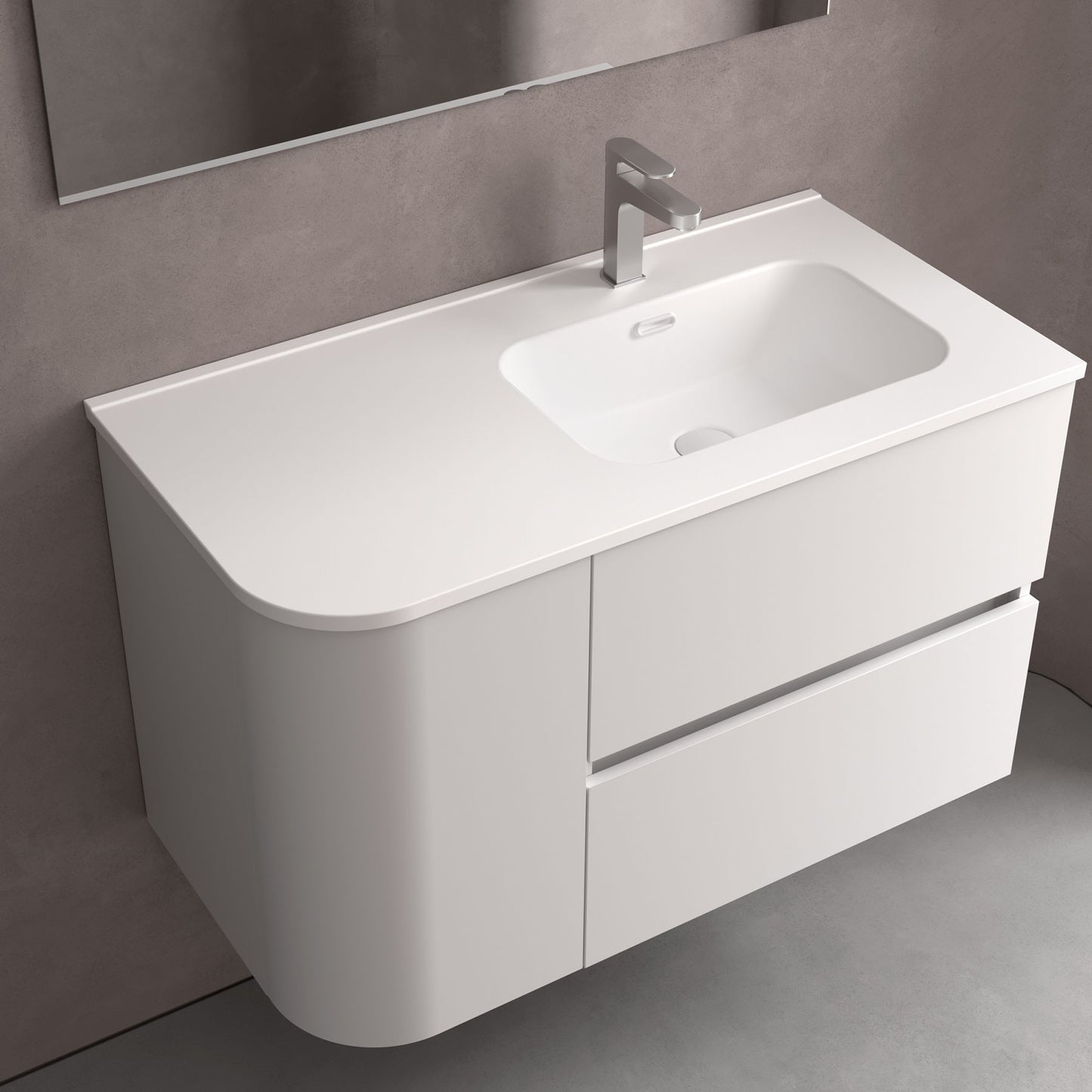 Plan de toilette avec vasque intégrée DÉCALÉE À GAUCHE en Porcelaine Constanza à angle arrondi