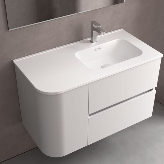 Plan de toilette avec vasque intégrée DÉCALÉE À GAUCHE en Porcelaine Constanza à angle arrondi