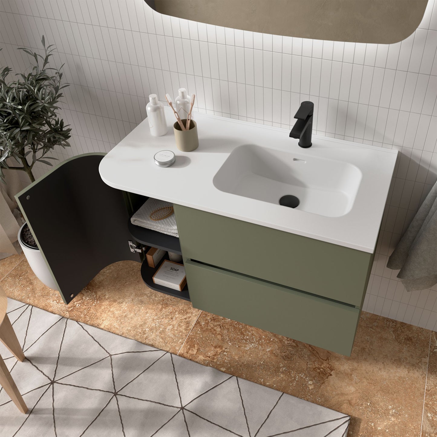 Plan de toilette avec vasque intégrée DÉCALÉE À GAUCHE en Porcelaine Constanza à angle arrondi