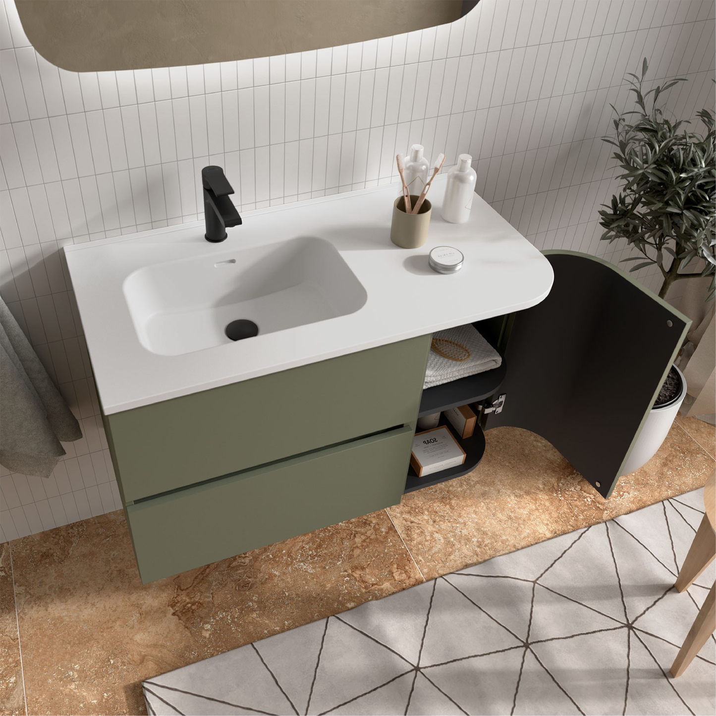 Plan de toilette avec vasque intégrée DÉCALÉE À DROITE en porcelaine Constanza avec angle arrondi