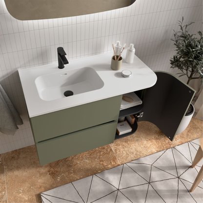Plan de toilette avec vasque intégrée DÉCALÉE À DROITE en porcelaine Constanza avec angle arrondi