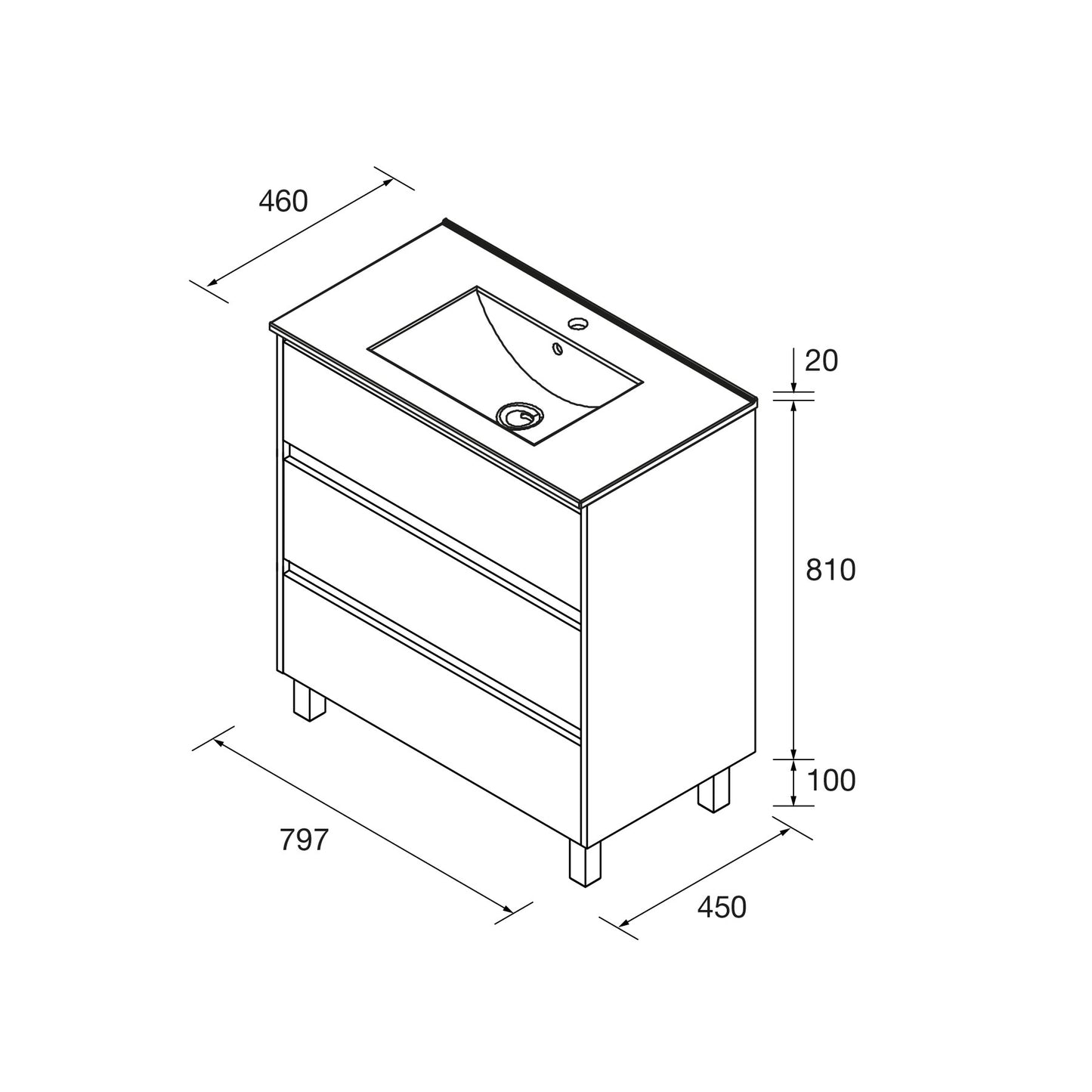 Vanité Noja 32 pouces (800) 3 tiroirs