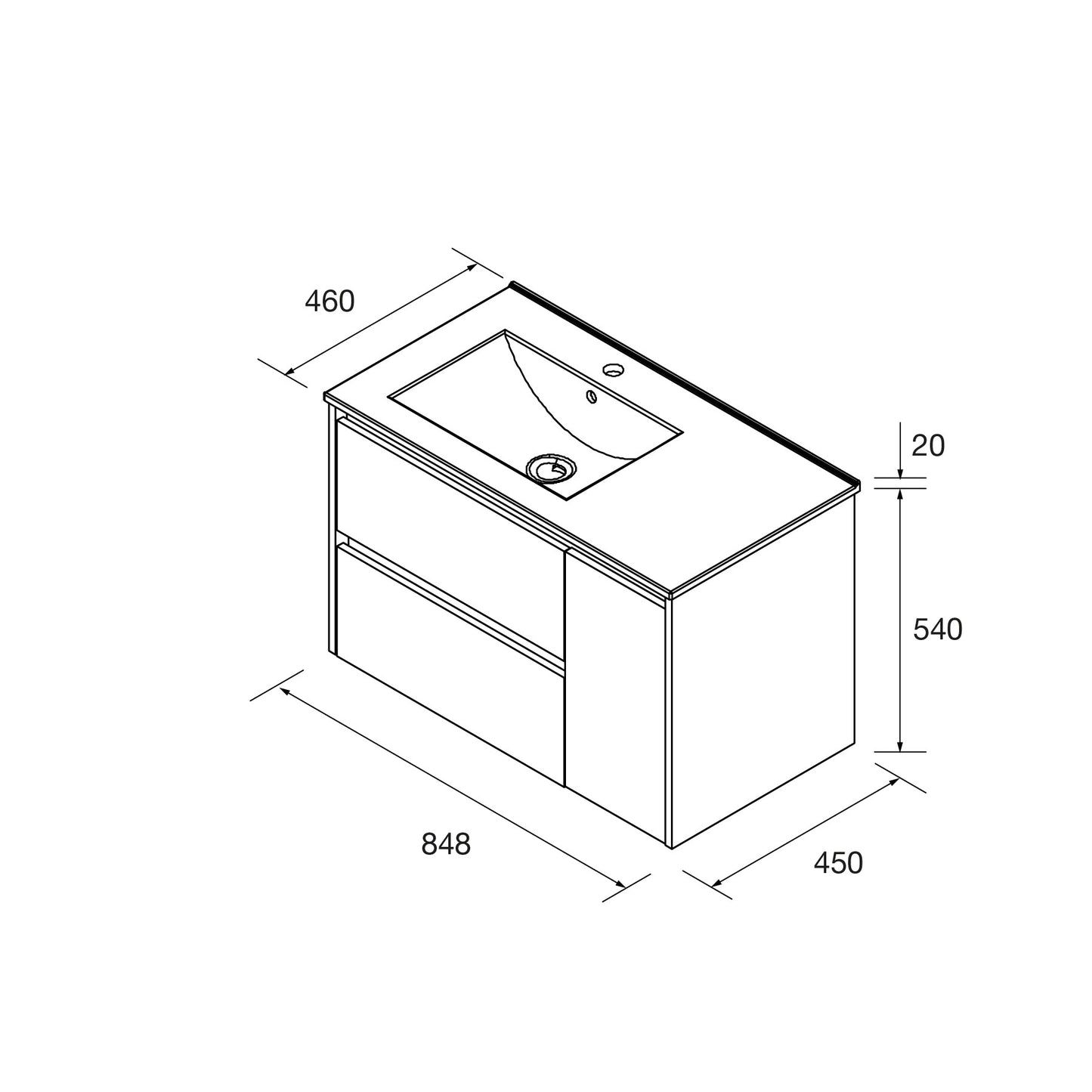 Vanity Noja 34 inches (855) 2 drawers + door offset