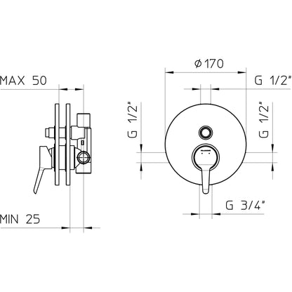Shower valve pressure balanced Pin 2 functions 481022-PB