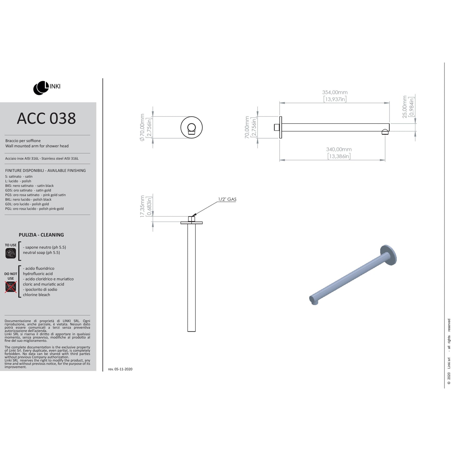 Bras de douche rond inox 350mm ACC038