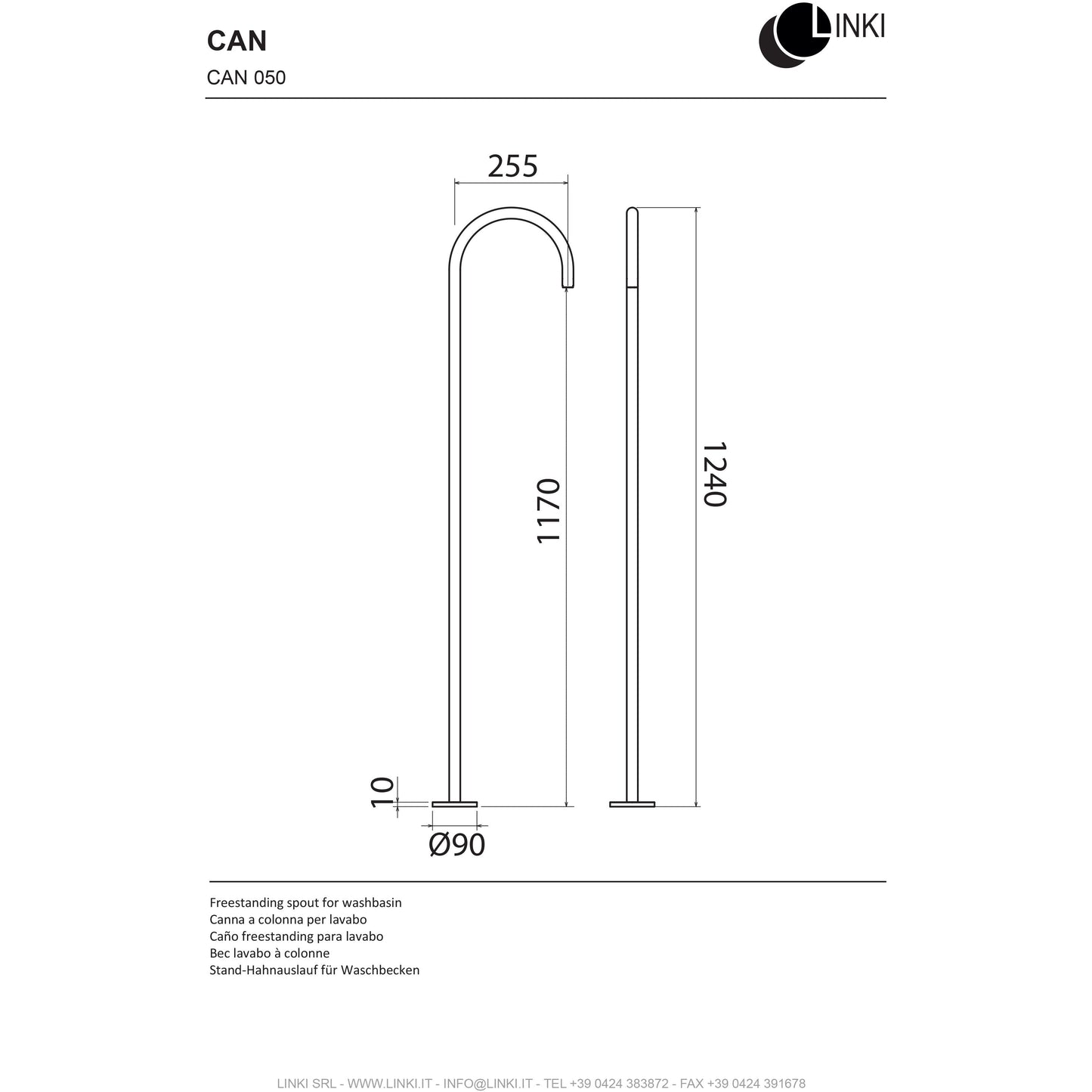 Bathtub spout stainless steel 1240mm CAN050