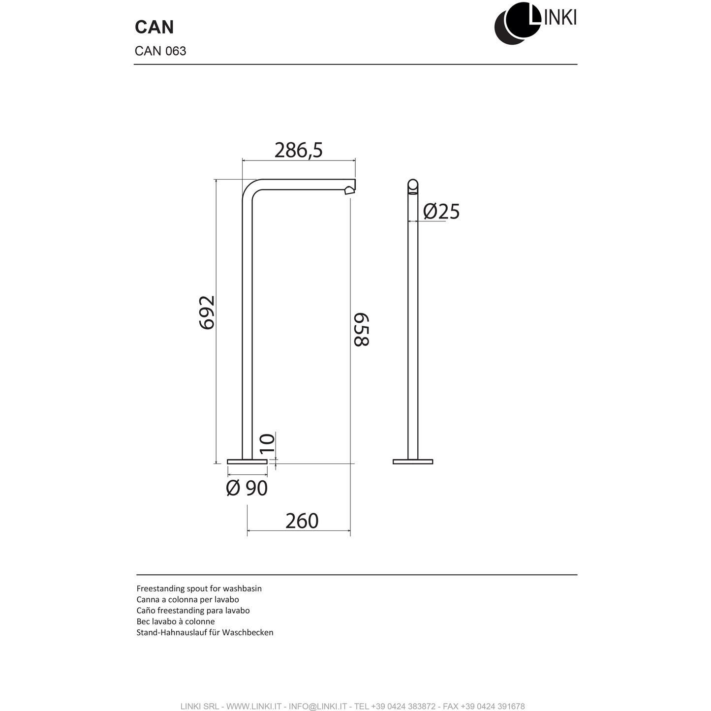 Bocca per vasca in acciaio inox 286mm CAN063