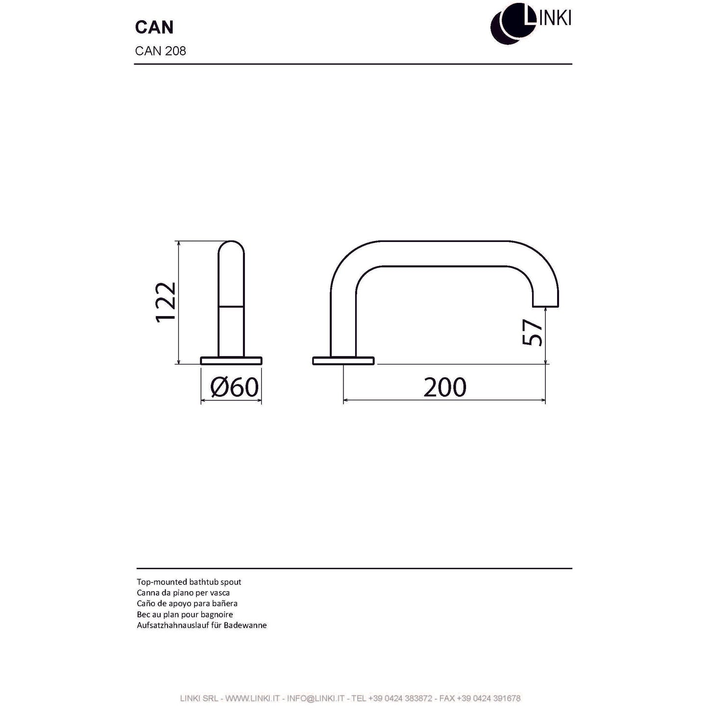 Bec de baignoire inox 200mm CAN208