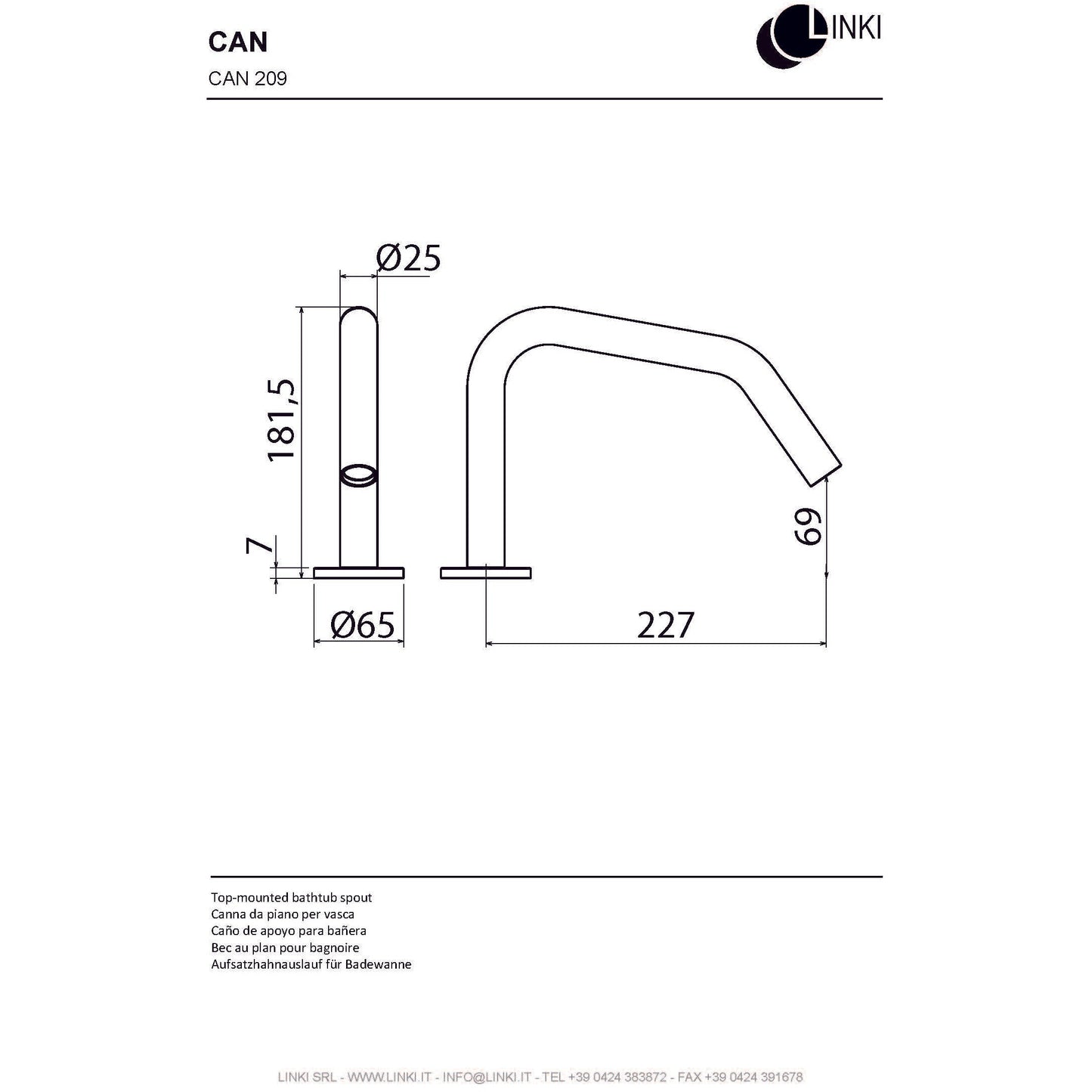 Bocca per vasca in acciaio inossidabile 227mm CAN209