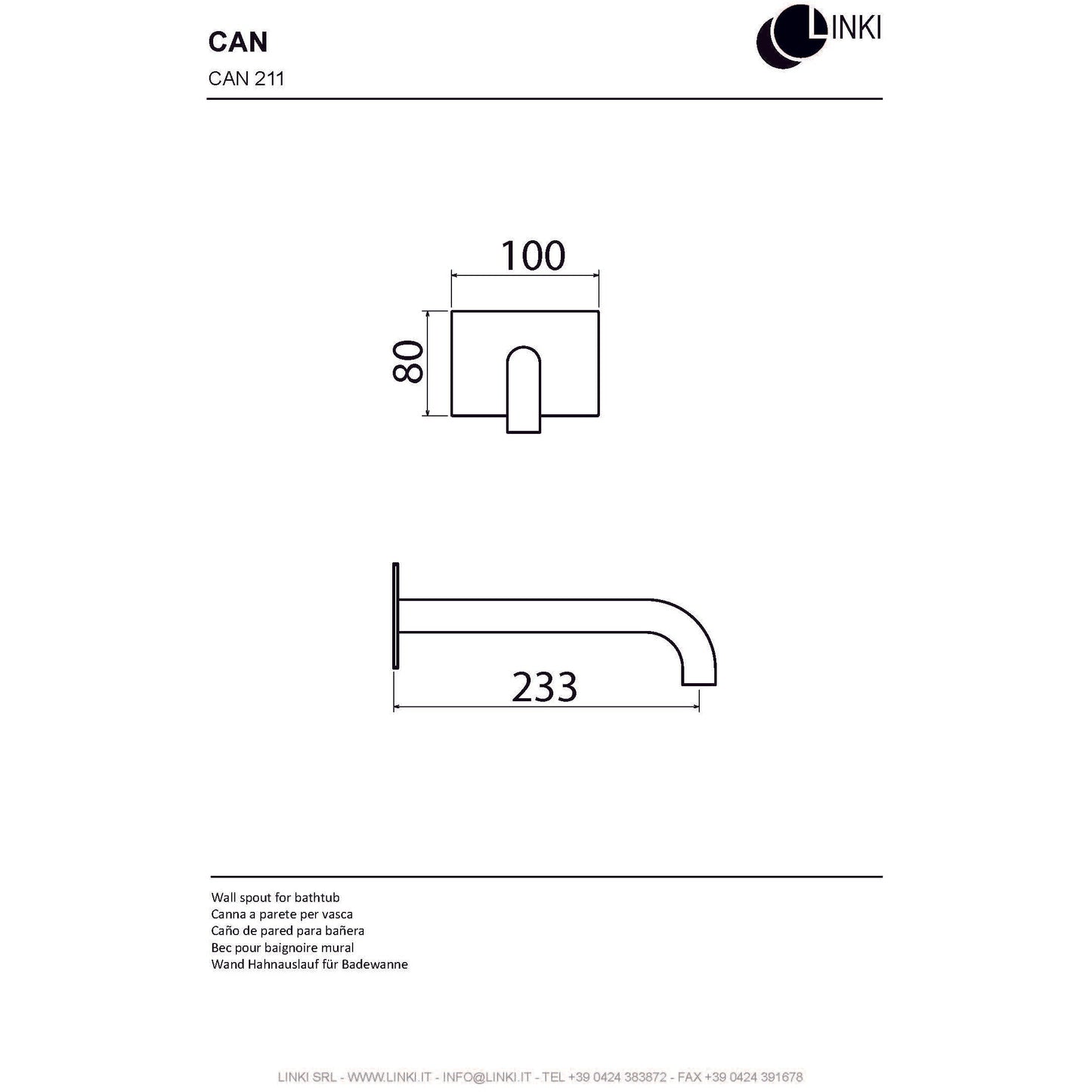 Bocca per vasca in acciaio inox 233mm CAN211