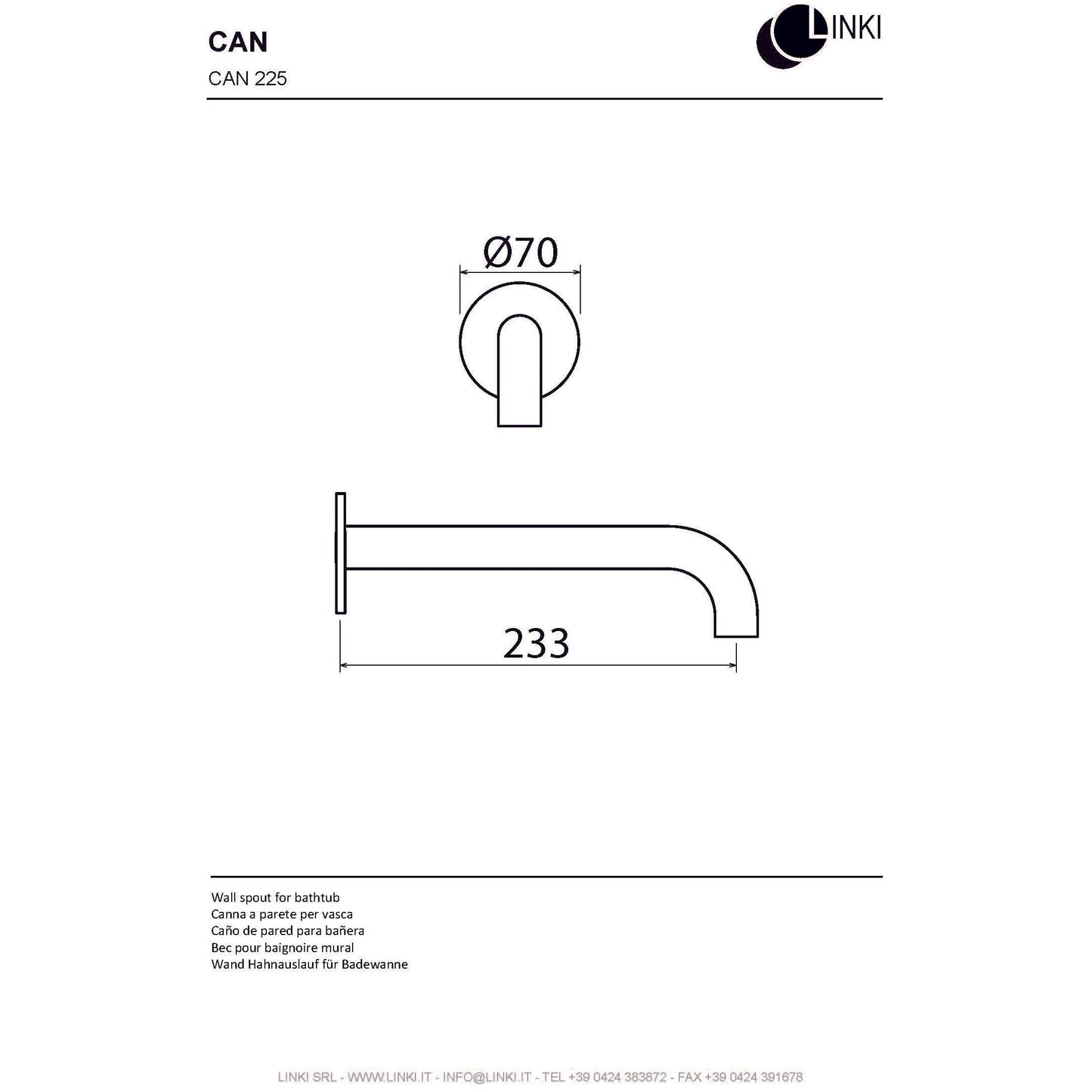 Bocca per vasca in acciaio inox 233mm CAN225