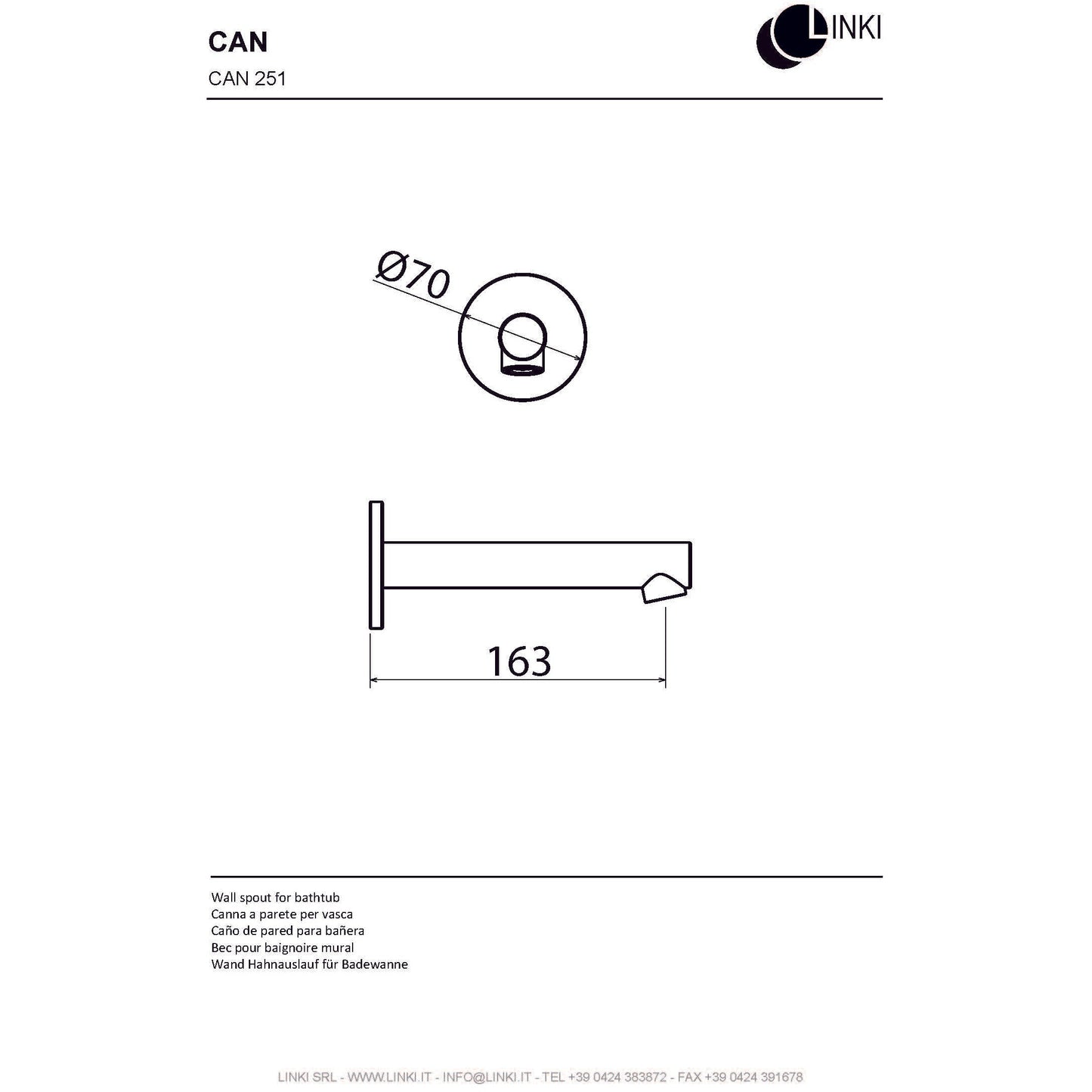 Bathtub spout stainless steel 163mm CAN251