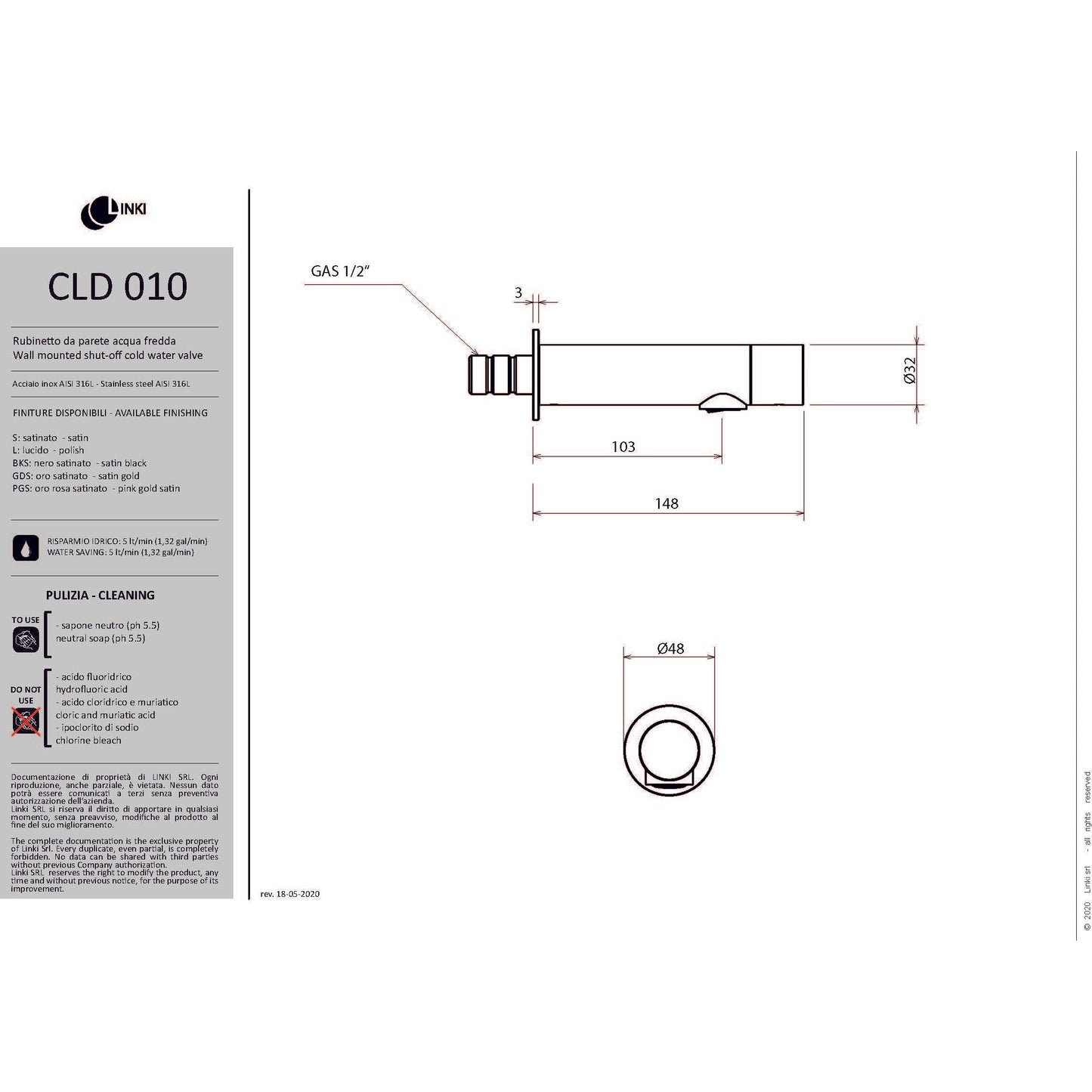 Lavabo faucet wall mount COLD stainless steel CLD010