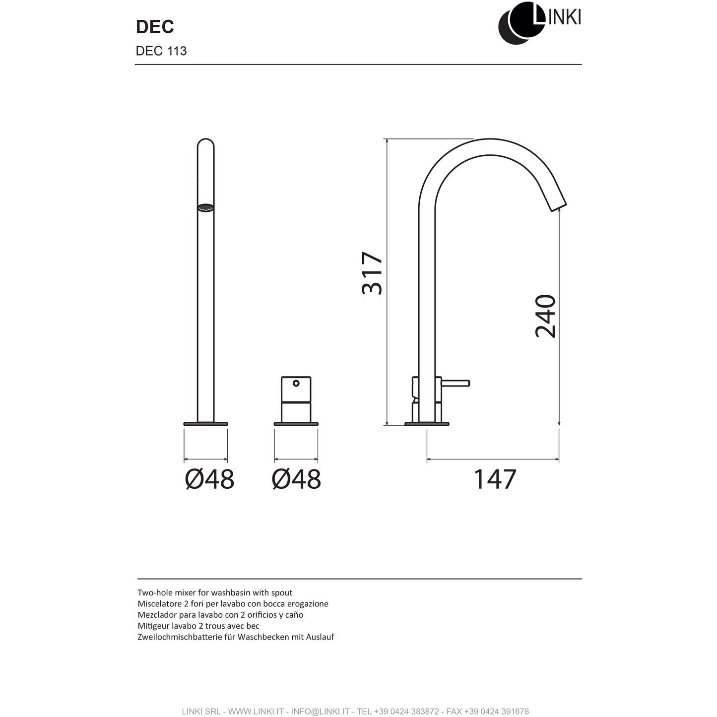 Lavabo faucet single lever Deco tall spout stainless steel DEC113
