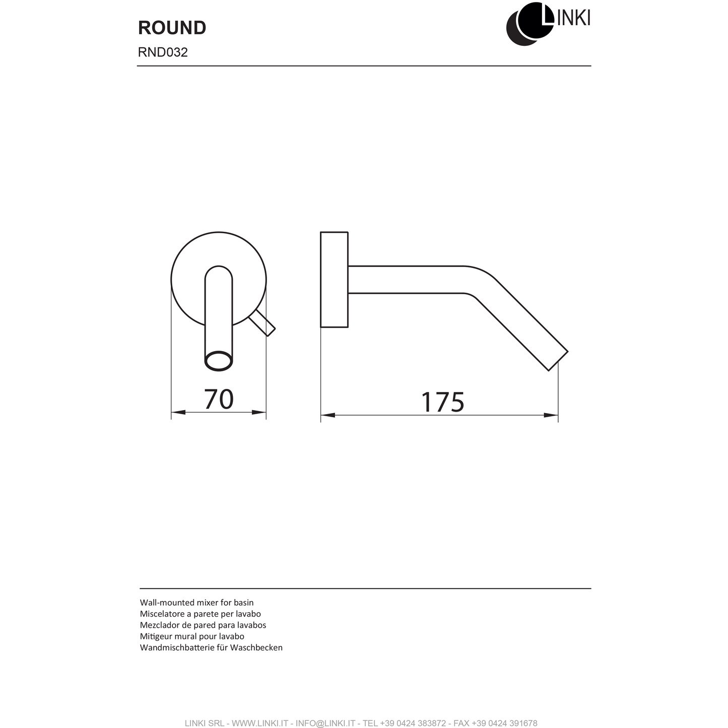 Lavabo robinet mural monotrou rond en acier inoxydable RND032 