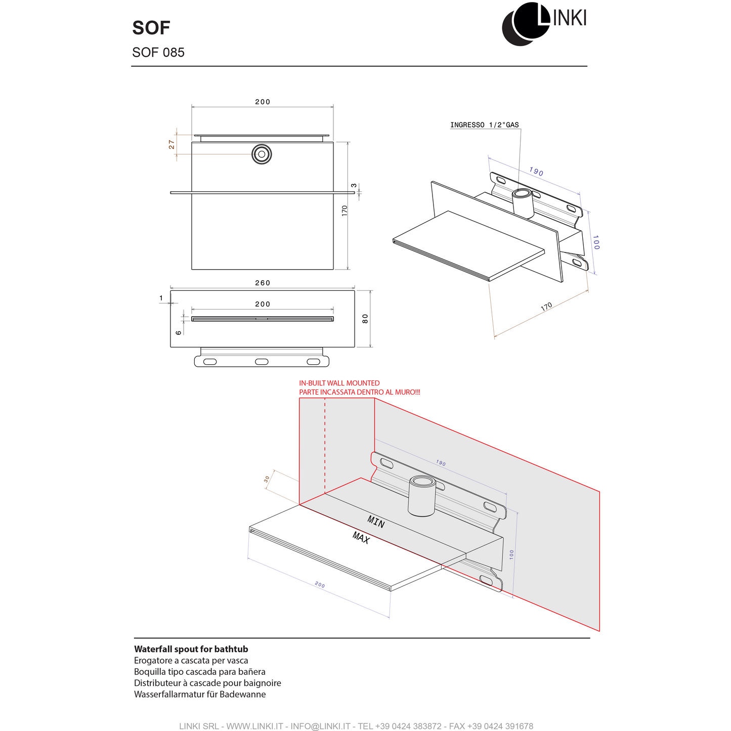 Bathtub spout waterfall stainless steel SOF085