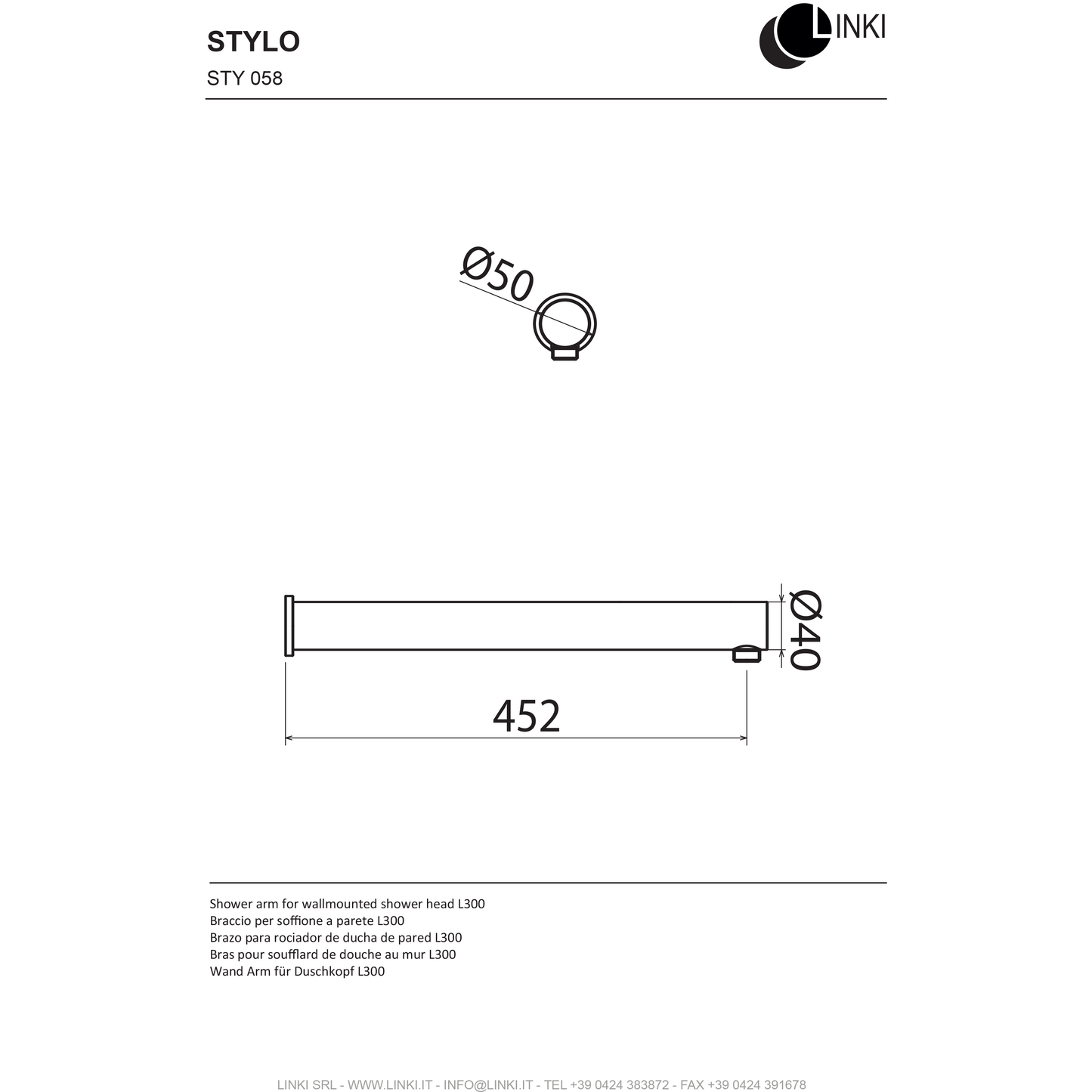 Supporto a parete per braccio doccia Stylo in acciaio inox STY058