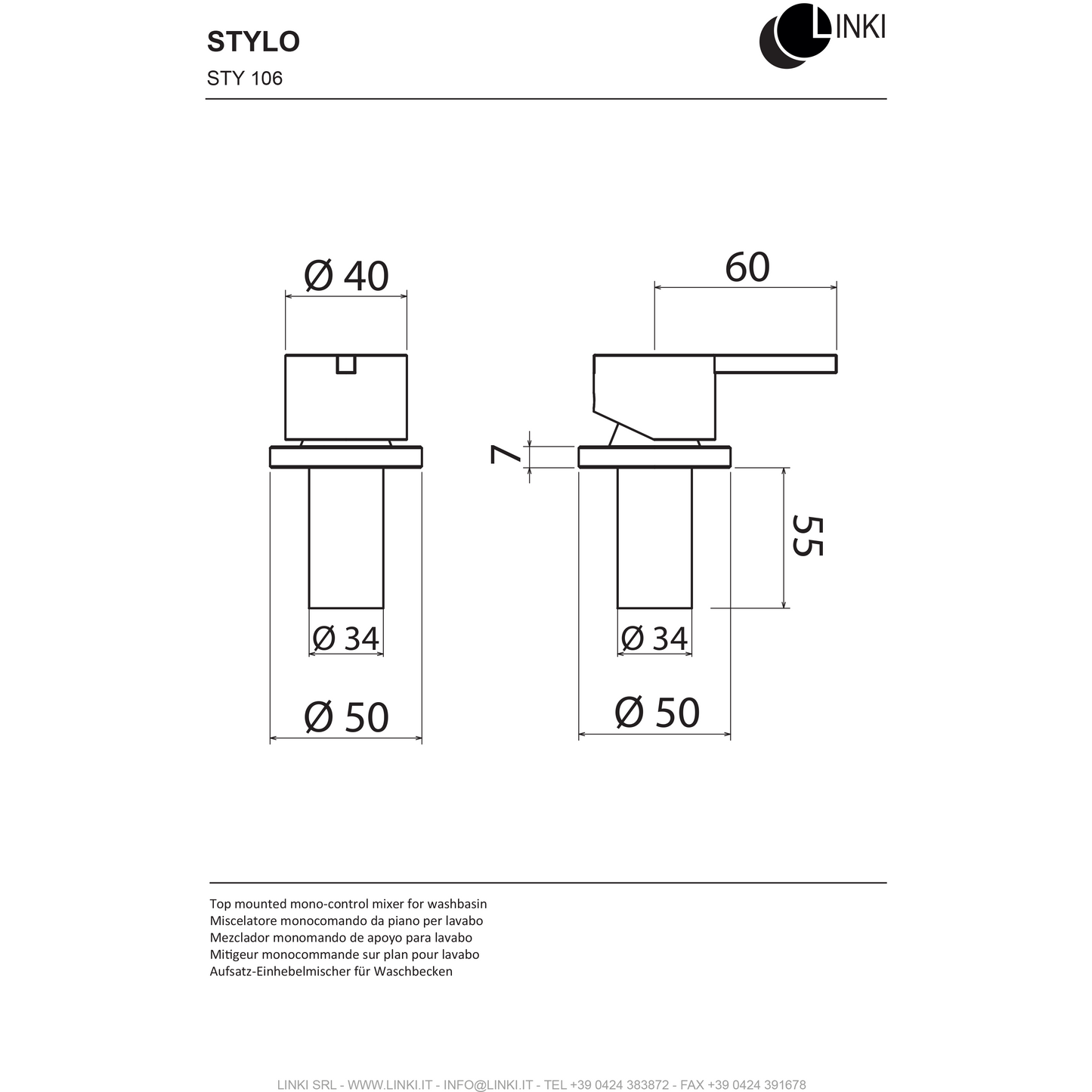 Lavabo mixer single hole Stylo stainless steel STY106