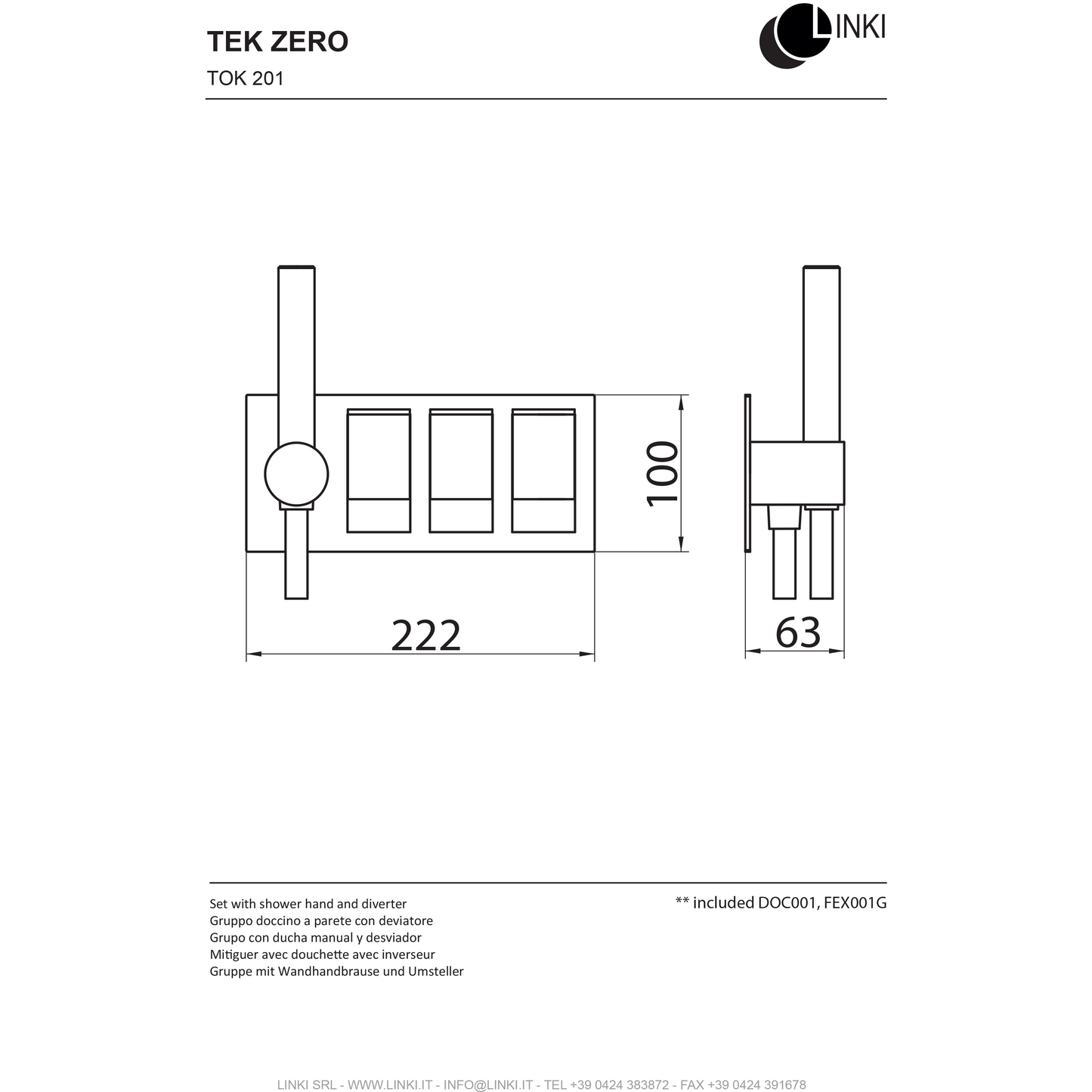 Bath and shower mixer wall mount TEK ZERO stainless steel TOK201